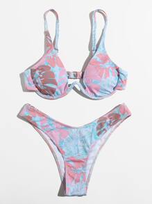 Tropical Leaf Graphic High Cut Bikini Swimsuit