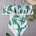 Tropical Pom-pom Trim Flounce One Piece Swimsuit