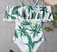 Tropical Pom-pom Trim Flounce One Piece Swimsuit