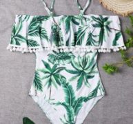 Tropical Pom-pom Trim Flounce One Piece Swimsuit
