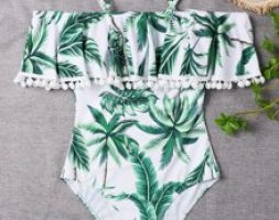 Tropical Pom-pom Trim Flounce One Piece Swimsuit