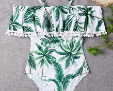 Tropical Pom-pom Trim Flounce One Piece Swimsuit