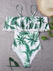 Tropical Pom-pom Trim Flounce One Piece Swimsuit