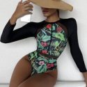 Tropical Print Contrast Mesh High Neck One Piece Swimsuit