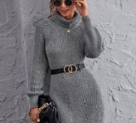 Turtleneck Raglan Sleeve Sweater Dress Without Belt