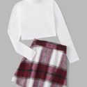 Turtleneck Tee & Plaid Print Skirt