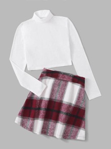 Turtleneck Tee & Plaid Print Skirt