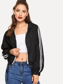 Tuxedo Stripe Side Zip Front Hooded Jacket