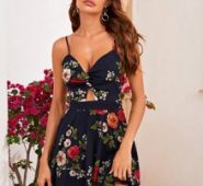 Twist Cut Out Front Tie Back Floral Print Slip Dress