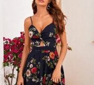 Twist Cut Out Front Tie Back Floral Print Slip Dress