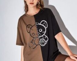 Two Tone Cartoon Bear Graphic Tee