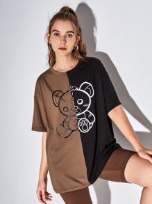 Two Tone Cartoon Bear Graphic Tee