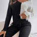 Two Tone Drop Shoulder Distressed Trim Sweater