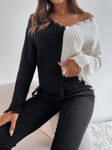 Two Tone Drop Shoulder Distressed Trim Sweater