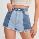 Two Tone Raw Hem Denim Shorts