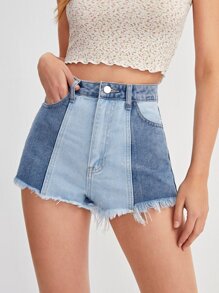 Two Tone Raw Hem Denim Shorts