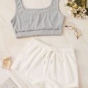 Two Tone Top With Tie Front Shorts PJ Set