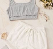 Two Tone Top With Tie Front Shorts PJ Set