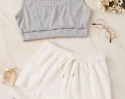 Two Tone Top With Tie Front Shorts PJ Set