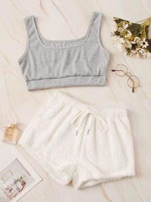 Two Tone Top With Tie Front Shorts PJ Set