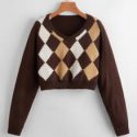 V Neck Argyle Pattern Sweater