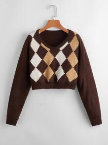 V Neck Argyle Pattern Sweater