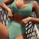 V Neck High Waisted Bikini Swimsuit