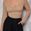 V Neck Solid Fitted Crop Tee