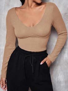 V Neck Solid Fitted Crop Tee