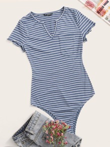 V-cut Neck Patch Pocket Striped Bodysuit