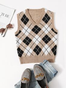 V-neck Argyle Pattern Sweater Vest