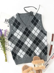 V-neck Argyle Pattern Sweater Vest