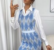 V-neck Argyle Sweater Vest Top and Knit Skirt Set