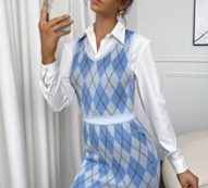 V-neck Argyle Sweater Vest Top and Knit Skirt Set