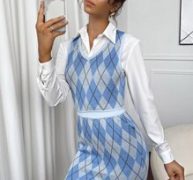 V-neck Argyle Sweater Vest Top and Knit Skirt Set