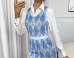V-neck Argyle Sweater Vest Top and Knit Skirt Set