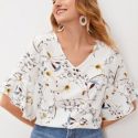 V-neck Botanical Print Flounce Sleeve Top