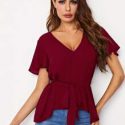 V-neck Flutter Sleeve Self Belted Dip Hem Top