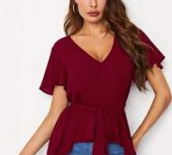 V-neck Flutter Sleeve Self Belted Dip Hem Top