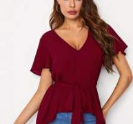 V-neck Flutter Sleeve Self Belted Dip Hem Top