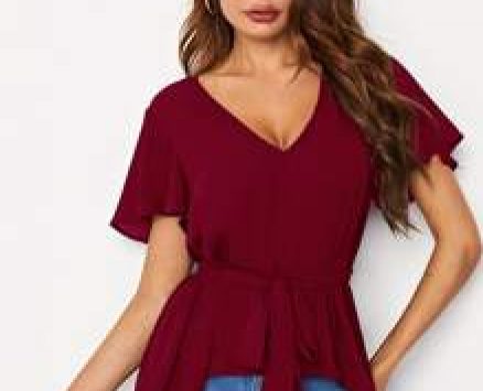 V-neck Flutter Sleeve Self Belted Dip Hem Top