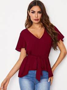 V-neck Flutter Sleeve Self Belted Dip Hem Top