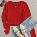 V-neck Lace Hem Rib-knit Tee