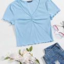 V-neck Lettuce Trim Rib-knit Tee