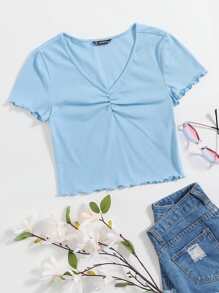 V-neck Lettuce Trim Rib-knit Tee