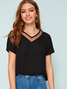 V-neck Mesh Insert Blouse