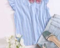 V-neck Ruffle Armhole Striped Top