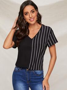 V-neck Striped Panel Top