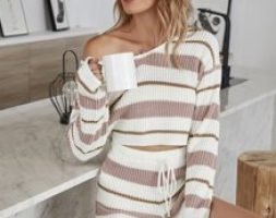 V-neck Striped Sweater & Drawstring Knit Shorts