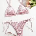 Velvet Solid Triangle Tie Side Bikini Swimsuit